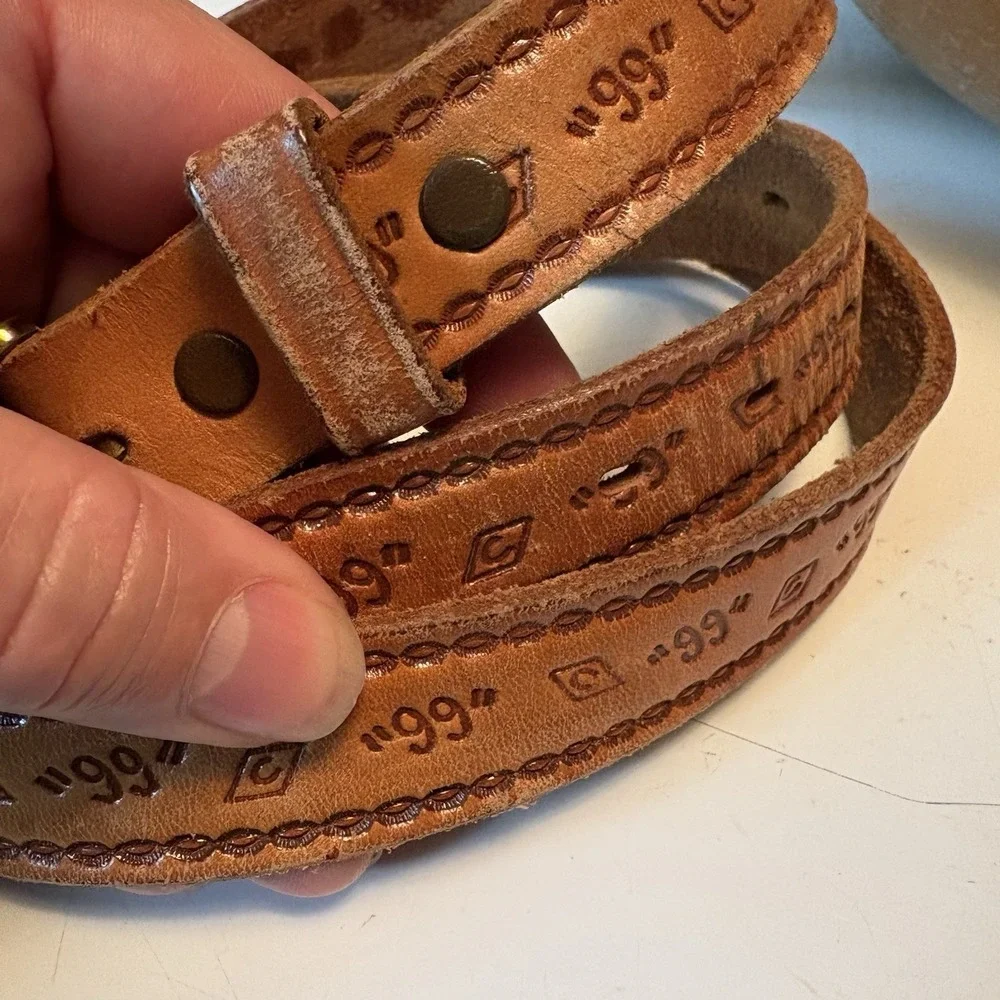 Vintage Justin Western Leather Belt Brass Buckle Sz 38 
